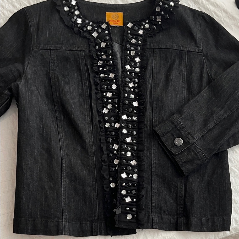 Ruby Rd. Black Ruffle Trim Embellished Jacket